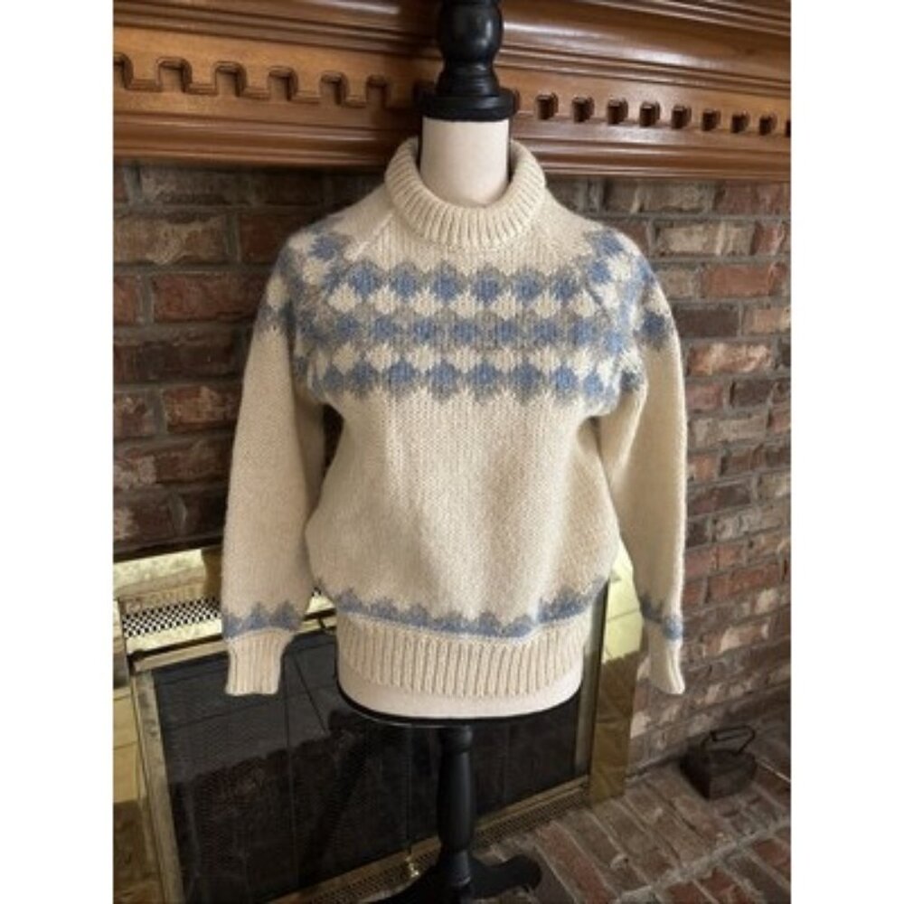 Cream Turtleneck Sweater with Light Blue Fair Isle Pattern